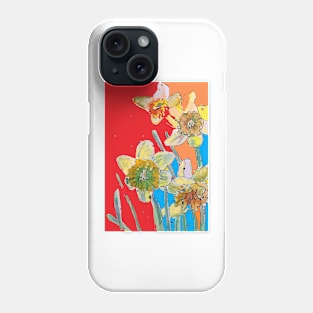 Abstract Yellow Daffodil Watercolor Pattern on Red, Orange and Blue Phone Case