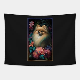 Pomeranian Dog Vibrant Tropical Flower Tall Digital Oil Painting Portrait 3 Tapestry
