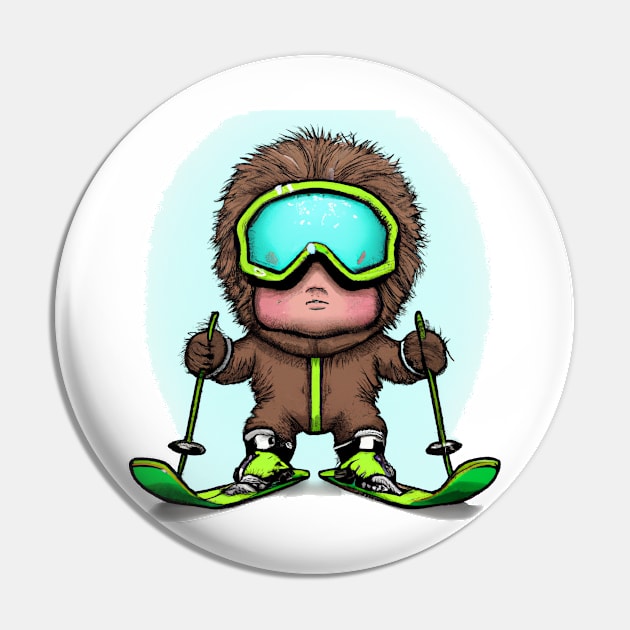 Cute Skiing Chibi Baby Wearing a Fur Suit Pin by ShirtStories