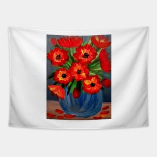 A  lovely boutique of abstract poppie  in a blue vase . Tapestry