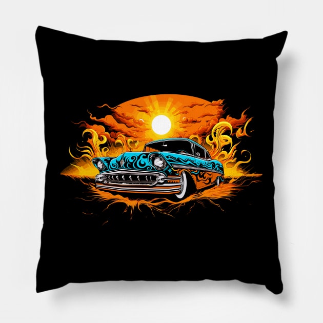 Lowrider Custom Classic Car Hotrod Sunset Lowrider Pillow by Tees 4 Thee