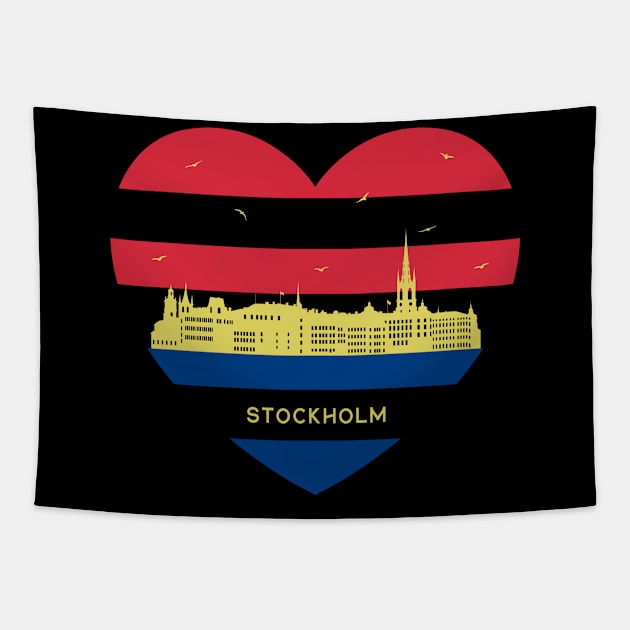 Sweden Skyline cityscape Heart Shape Birds Flying Stockholm Tapestry by Msafi