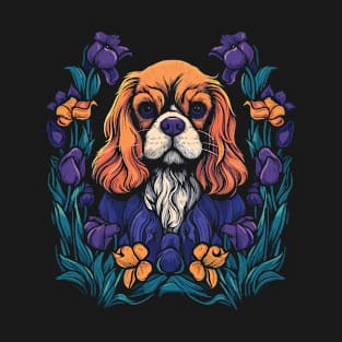 King Charles Spaniel with Irises illustration T-Shirt