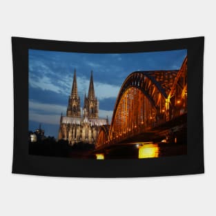 Cologne Cathedral, Dom, Hohenzollern Bridge, dusk, Cologne, Germany Tapestry