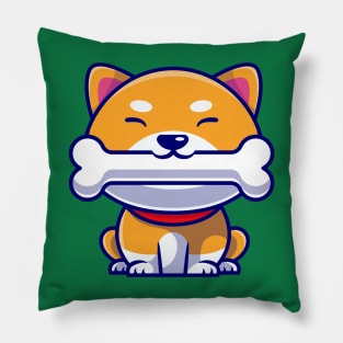 Cute Shiba Inu Dog Eating Bone Cartoon Pillow