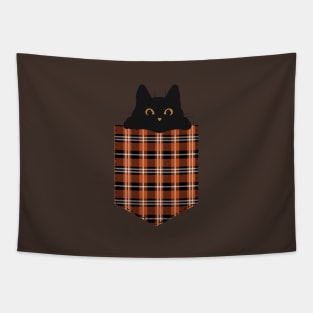 Black cat in orange pocket Tapestry