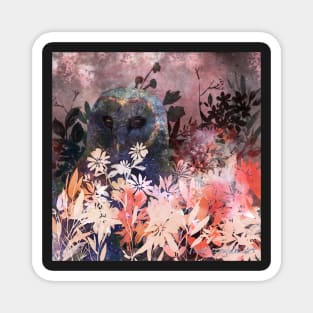 Cosmic Barn Owl in Flower Field Negative Painting Magnet