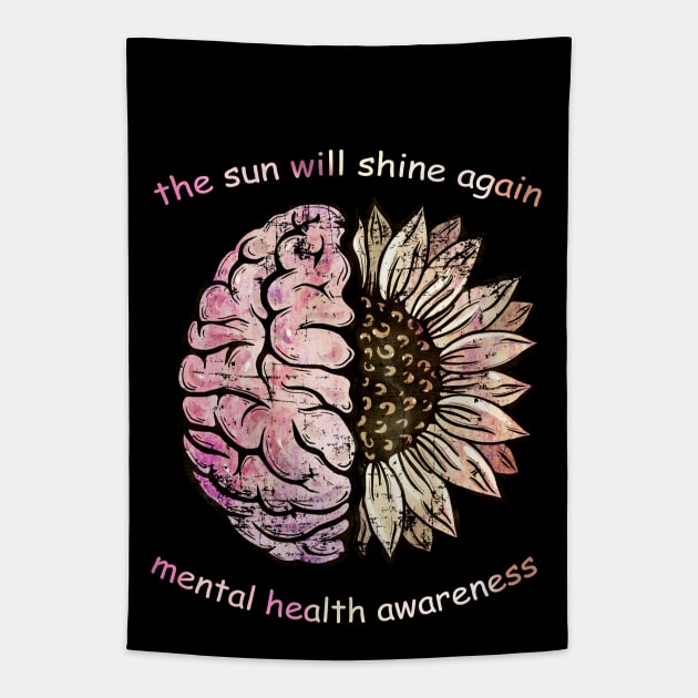 Brain Floral sunflower, Mental Health awareness Tapestry by Collagedream