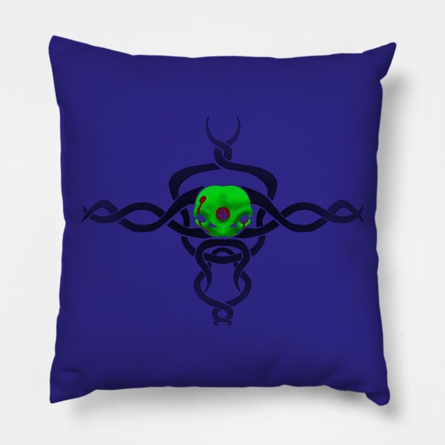 Tribal Twin-Skulls - Green Pillow by ForsakenSky
