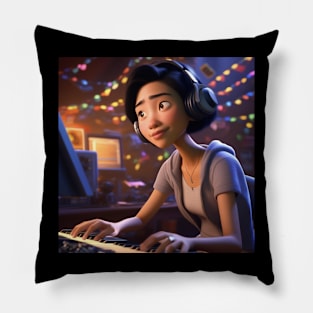 A Female Keyboard Player As A Pixar Cartoon Character Pillow