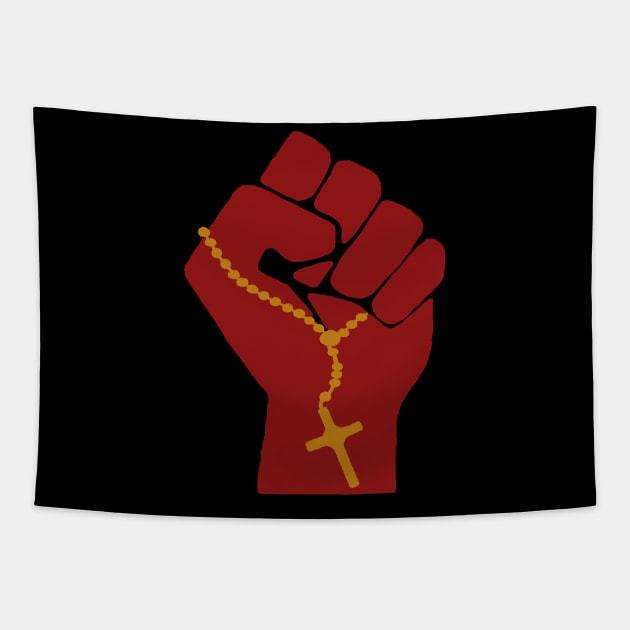 Liberation Theology Raised Fist - Radical Christianity, Christian, Protest, Social Justice, Leftism, Socialism Tapestry by SpaceDogLaika