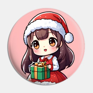 Cute girl christmas holding a gift Pin