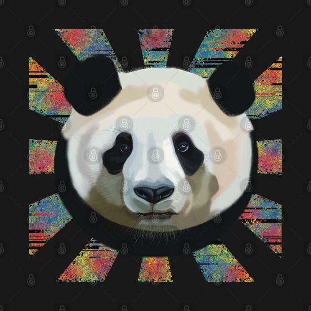 Striking Panda bear on glitched patterned rays by KateVanFloof