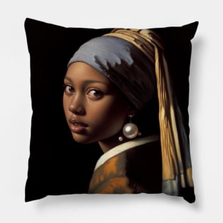 Vermeer's Pearl Earrings Reimagined: Celebrating Black Beauty for Black History Month Pillow