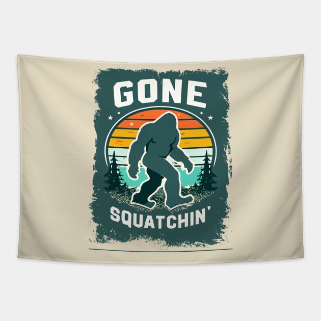 Bigfoot Sasquatch "Gone Squatchin" Tapestry by candiscamera