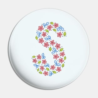 Floral Monogram Letter S - pink and blue Pin