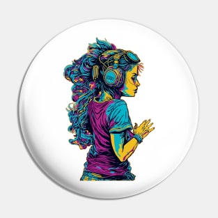 Girl with Headphones Pin