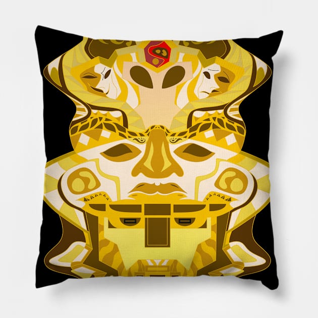 the golden olmec head in totem alien pattern Pillow by jorge_lebeau