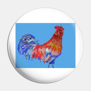 Rooster Watercolor Painting Blue Pin