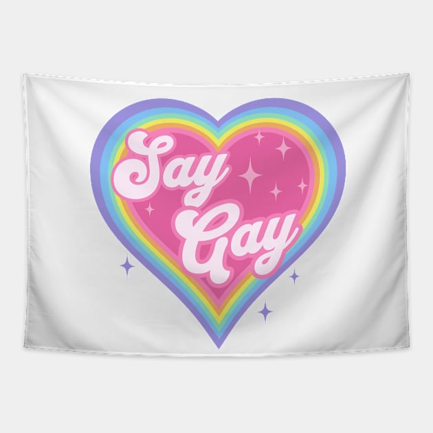 Say Gay Kids Retro Rainbow Heart LGBTQ Kawaii Cute Gay Pride Back Tapestry by PUFFYP