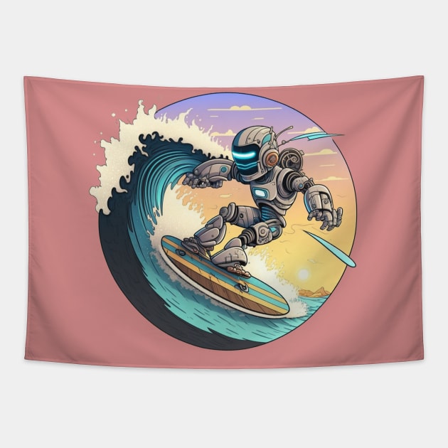 cool Robot surfing on the waves Tapestry by abomastour