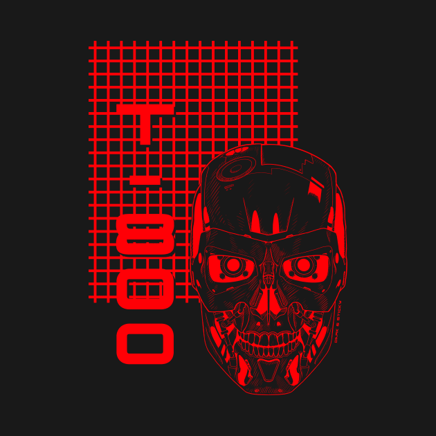 Terminator Skull - T-800 - Laser Grid Cyberpunk- ALL RED VERSION by Dark & Sticky