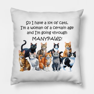 So I have a lot of cats, I'm a woman of a certain age and I'm going through manypaws/menopause - funny watercolour cat design Pillow