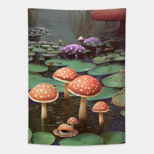 Whimsical Mushroom Pond Landscape Tapestry