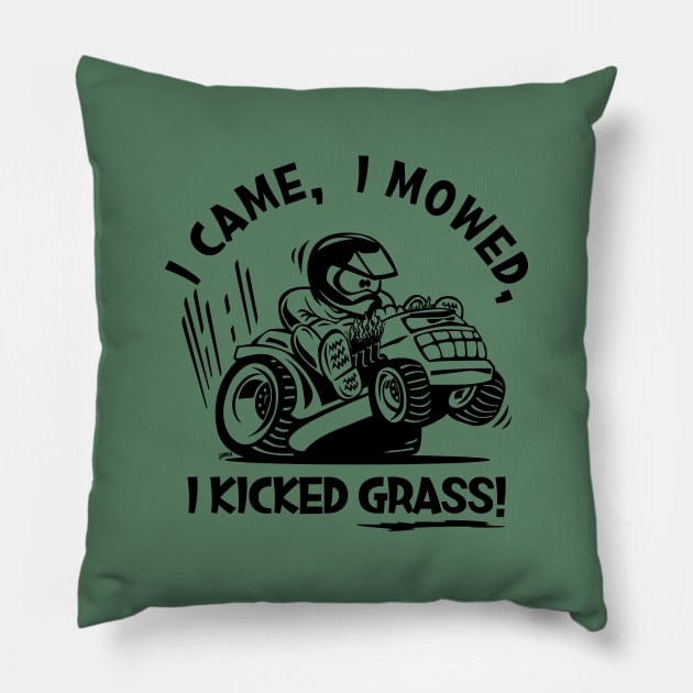 Funny I Came, I Mowed, I Kicked Grass! Cartoon Lawnmower Pillow by hobrath