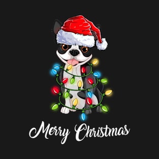 Boston Terrier With Santa Hat Merry Christmas Funny Gift Christmas T-Shirt