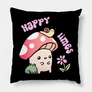 Happy Times a cute fun mushroom and frog and snail friends Pillow