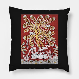 Tree of life ( Red and Gold) indian folk art print in phad style Pillow