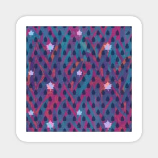 Icy Maple leaves and tiny trees on a faded denim blue and magenta leaf background Magnet