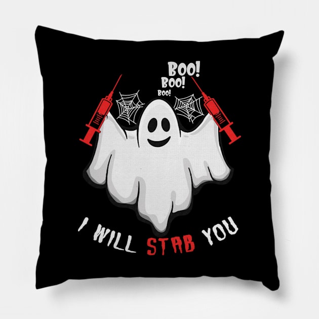 Cartoon ghost I will stab you tshirt funny halloween gift shirt Pillow by American Woman