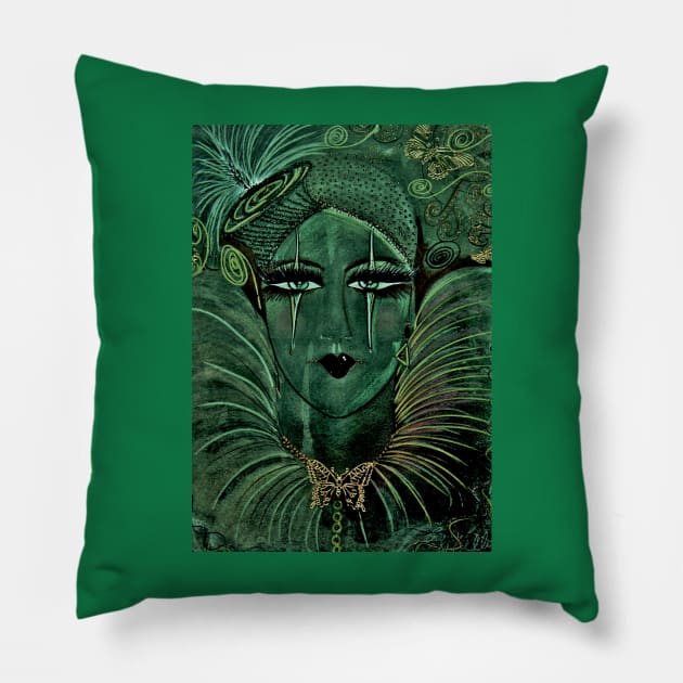 GREEN FRENCH CLOWN PIERROT PERFORMER, LIDO,PARIS GOLD METALLIC EMBELLISHMENTS Pillow by jacquline8689