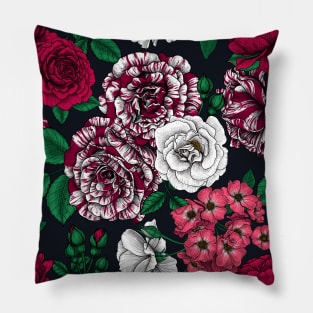 Red, white and bi-color roses with green leaves on black Pillow