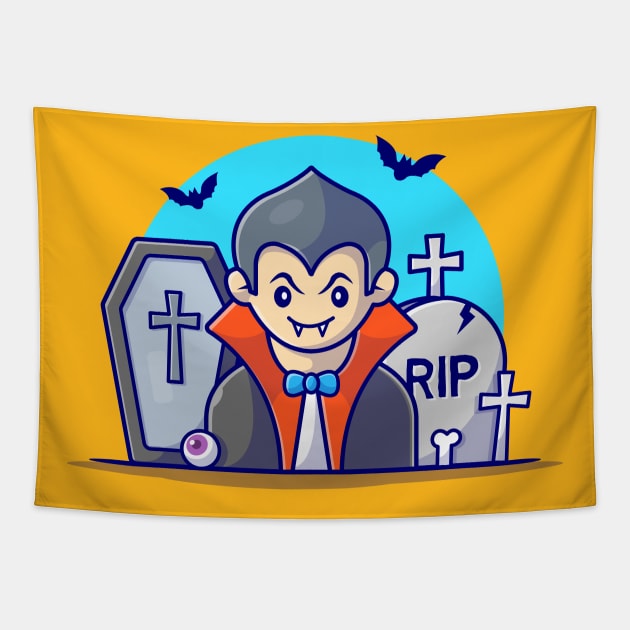 Cute Dracula In Graveyard Cartoon Vector Icon Illustration Tapestry by Catalyst Labs