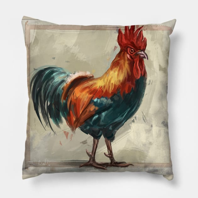 Colorful Rooster Painting on Beige Background - Here Comes The Rooster 2 Pillow by ibadishi