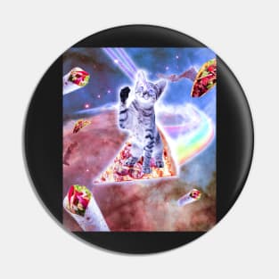 Laser Eyes Space Cat Riding Rainbow Pizza Pin