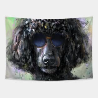 An Expressive Painting of a Cool Looking Black Poodle with Sunglasses Tapestry