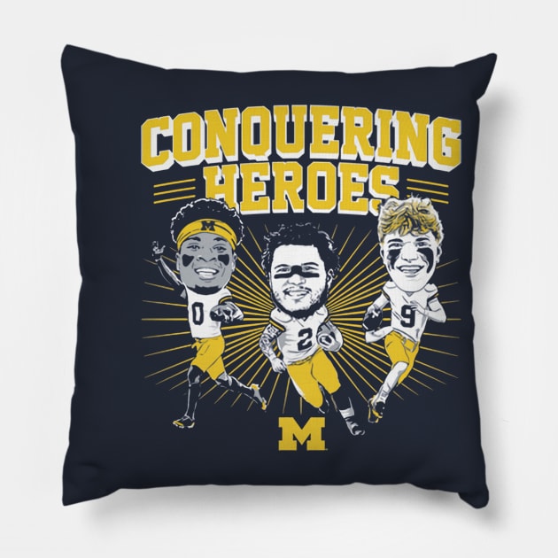 J.J. McCarthy Blake Corum & Mike Sainristil Caricatures Pillow by ganisfarhan