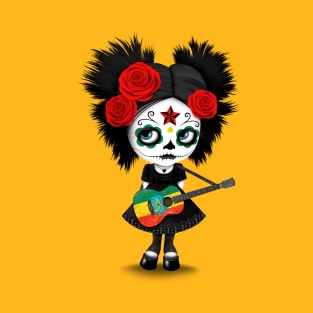 Sugar Skull Girl Playing Ethiopian Flag Guitar T-Shirt