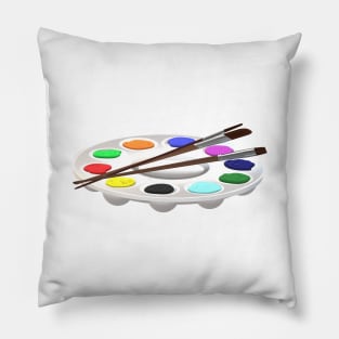 Round Artist Palette with Paints and Paint Brushes (White Background) Pillow