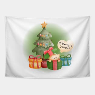 Christmas Tree with Cute Cat in Gift Box Tapestry