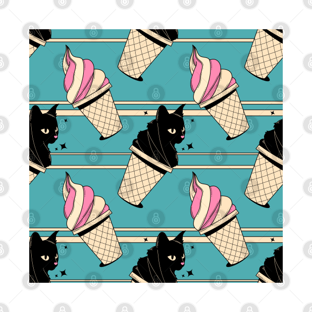 Ice Cream Black Cat Pattern in blue by The Charcoal Cat Co.