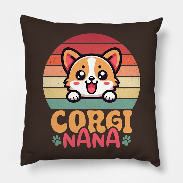 Corgi Nana Kawaii Peeking Dog Vintage Sunset Grandma Pillow by Cuteness Klub