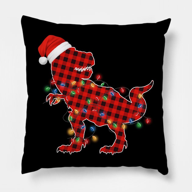 Funny Dinosaur T Rex Wearing santa hat, christmas lights and red buffalo plaid Pillow by mittievance