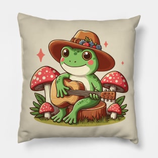 Cottagecore Aesthetic Frog Playing a Guitar Pillow