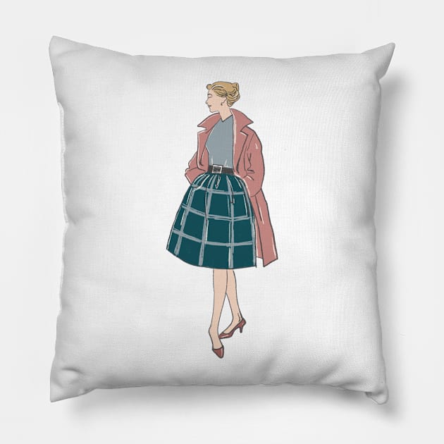 Model from an old fashion magazine in an autumn coat and dress Pillow by Evgenija.S