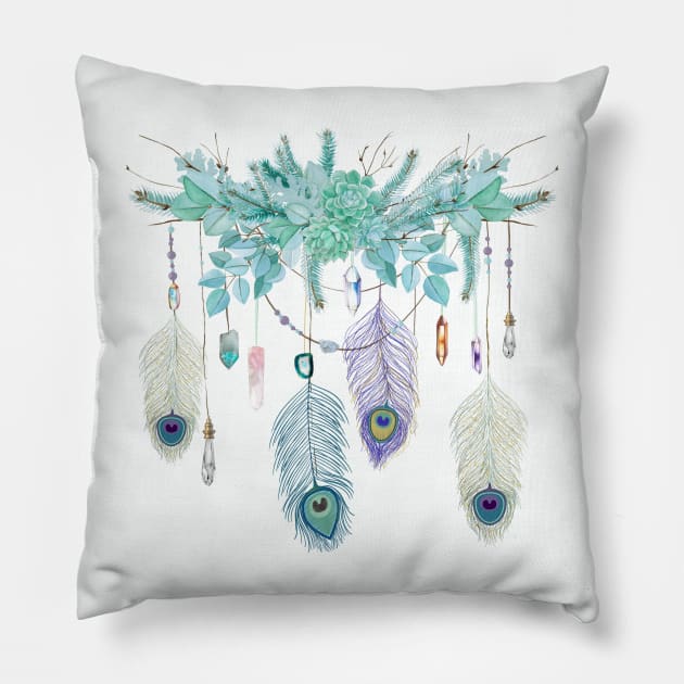 Peacock Feather And Crystal Spirit Gazer Pillow by LittleBunnySunshine